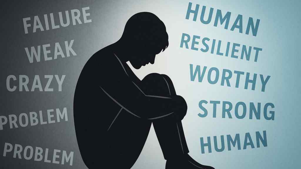 Silhouette of a person sitting with knees drawn up, surrounded by negative words like "failure" and positive words like "strong," highlighting internal conflict.