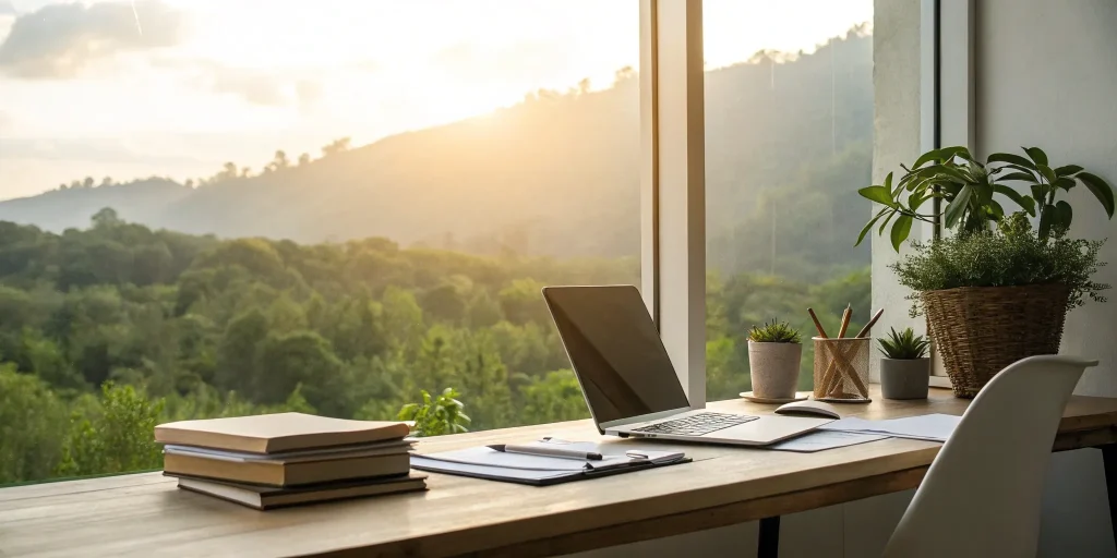 Startup rehab consulting workspace with laptop and inspiring view.