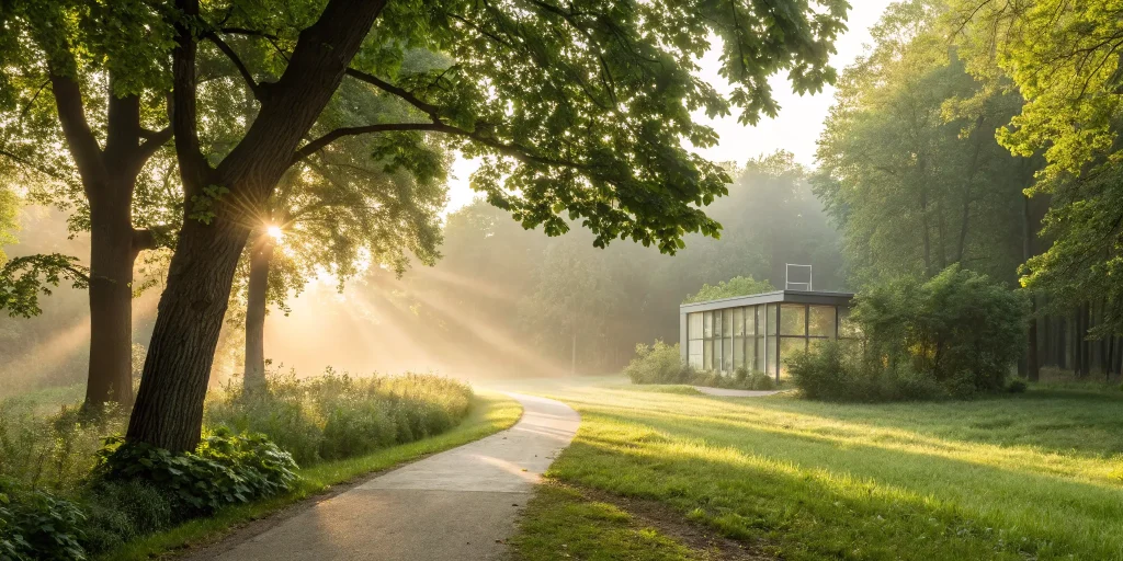 Serene path to modern rehab center.