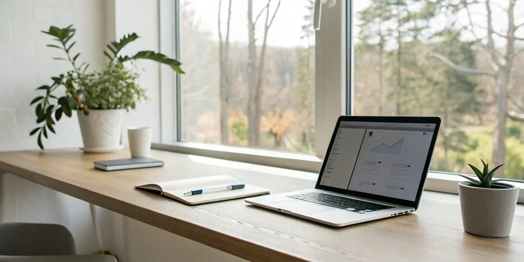 Website content strategy tools on desk with laptop, notebook, and plants.