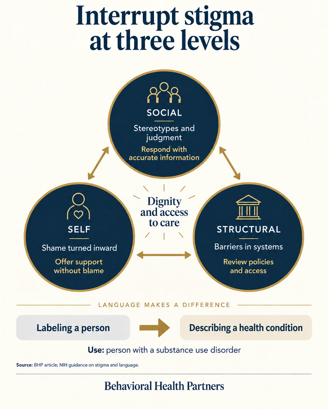 Three connected circles describe social, self and structural stigma and responses, with person-first language beneath a central focus on dignity and access to care.