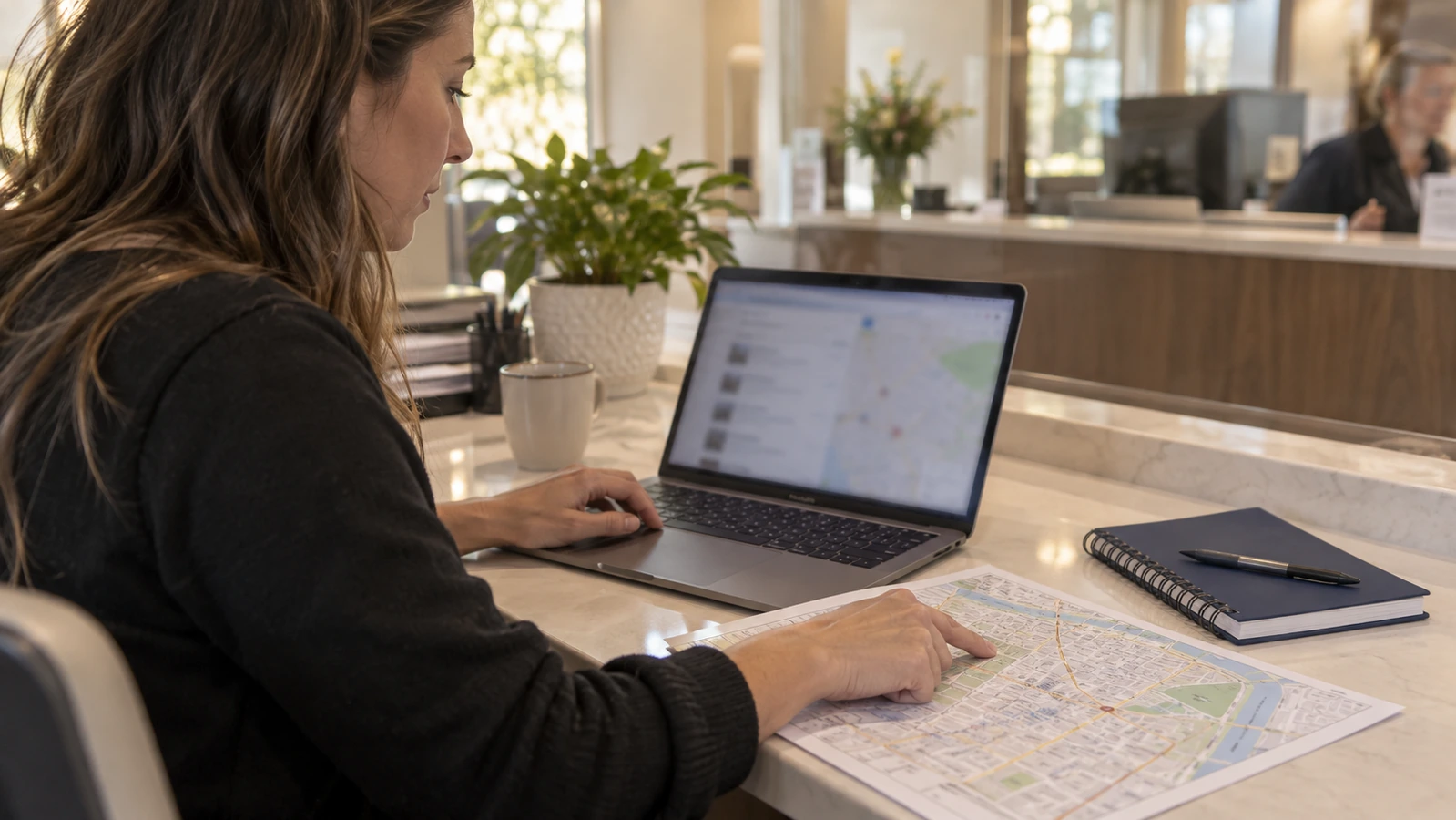 An administrator compares a laptop map listing with a printed street map beside a navy notebook.