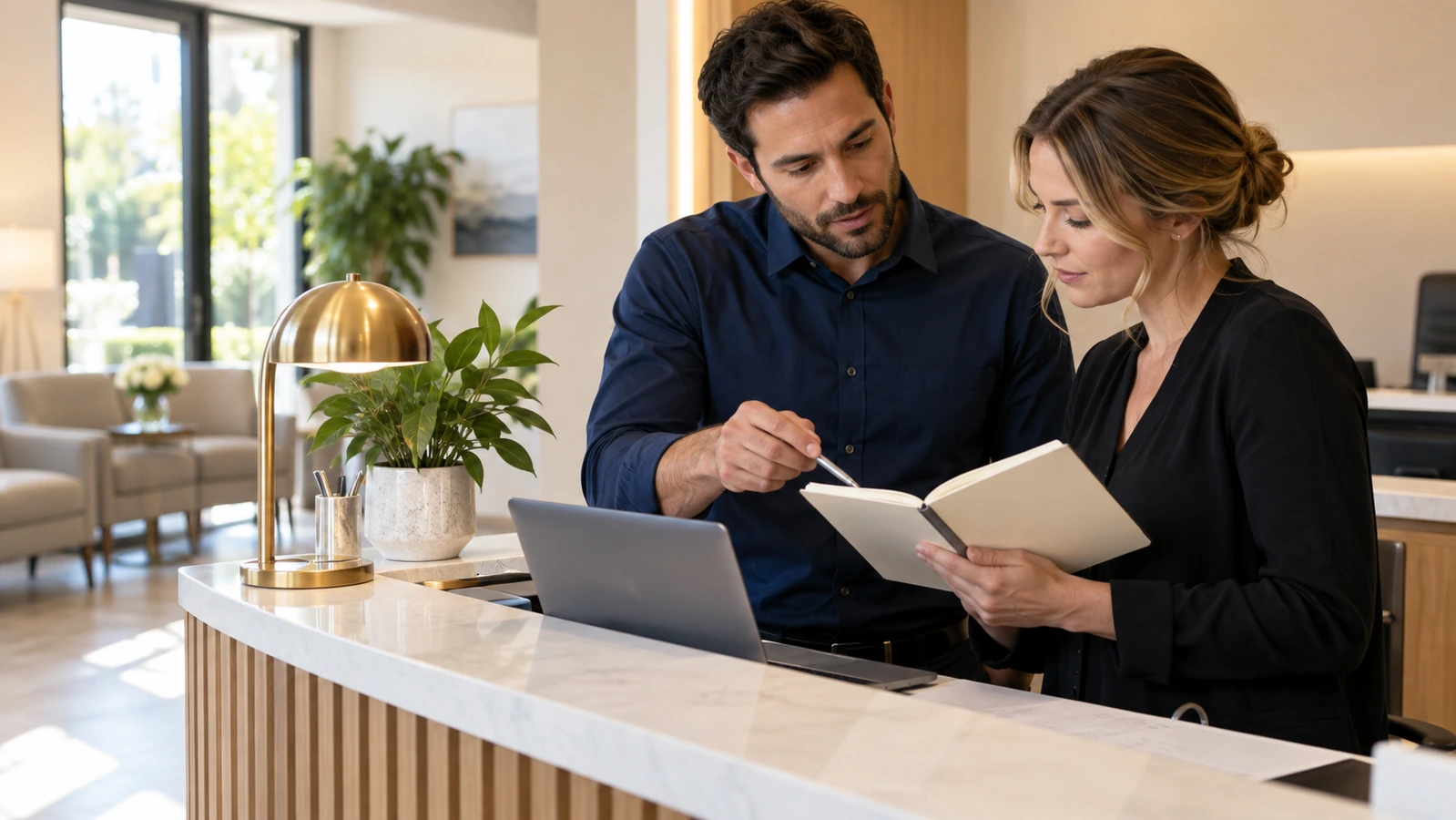 Two office administrators compare notes beside a laptop at a reception desk.