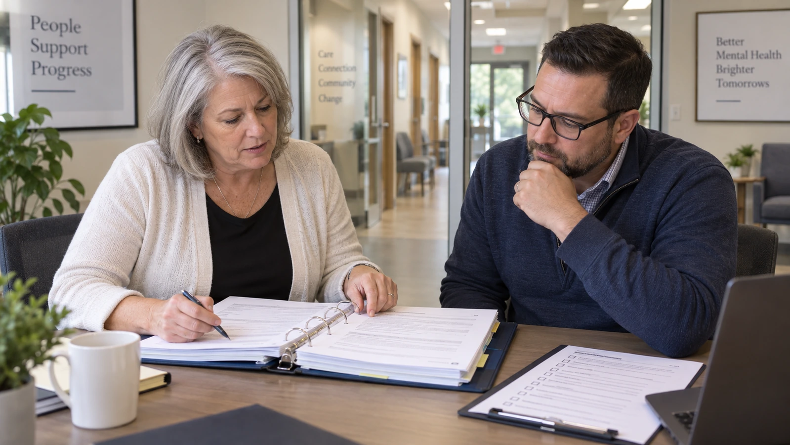 Two staff members examine an open policy binder and checklist at a table beside a glass-walled healthcare office corridor.
