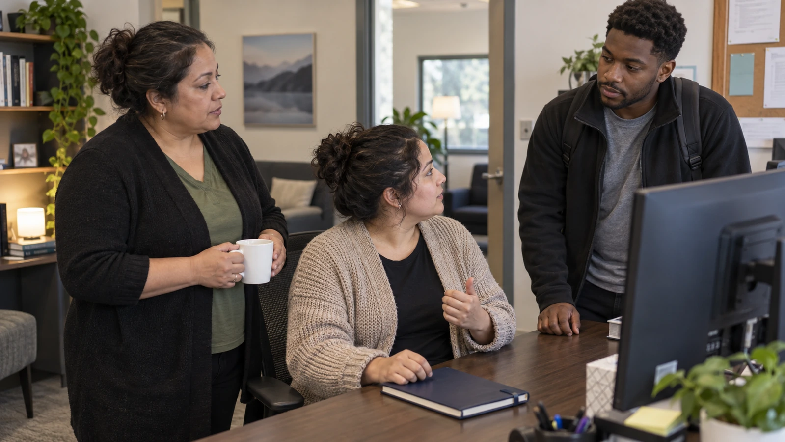 A seated coordinator talks with two colleagues beside an office monitor and a closed navy notebook.