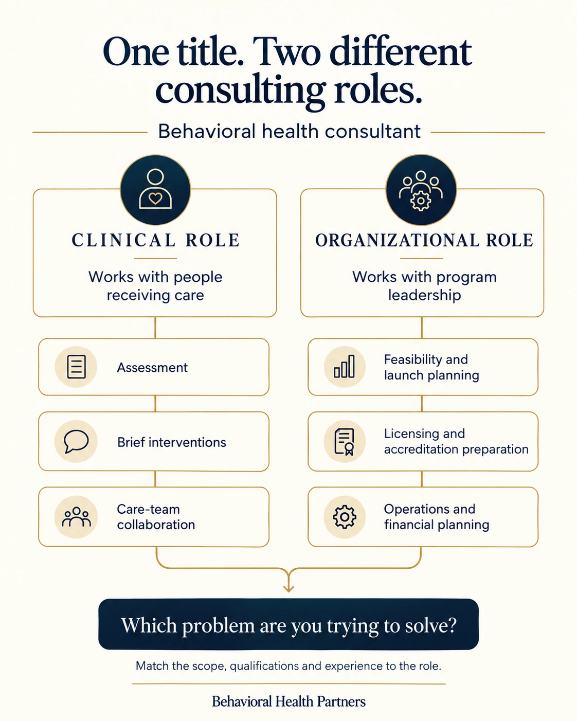 Clinical consulting focuses on assessment, brief interventions and care-team collaboration; organizational consulting focuses on launch planning, licensing preparation, operations and finances.