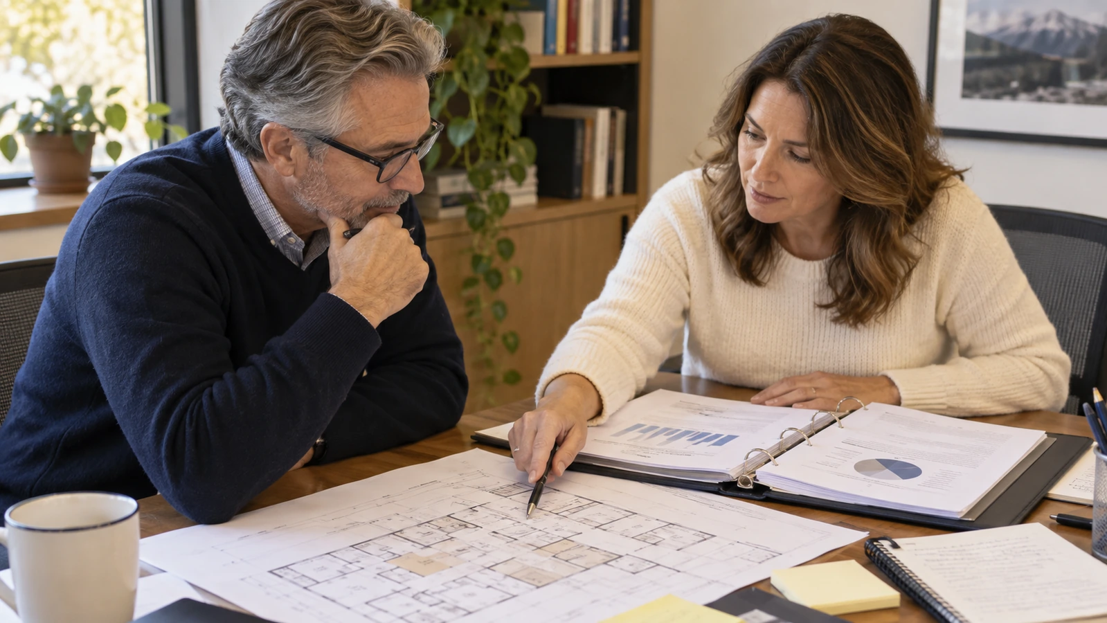 A consultant and program founder review a floor plan and binder at a sunlit meeting table.