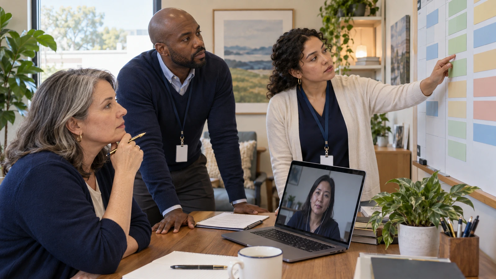 Three professionals review a wall schedule while a remote colleague joins on a laptop.