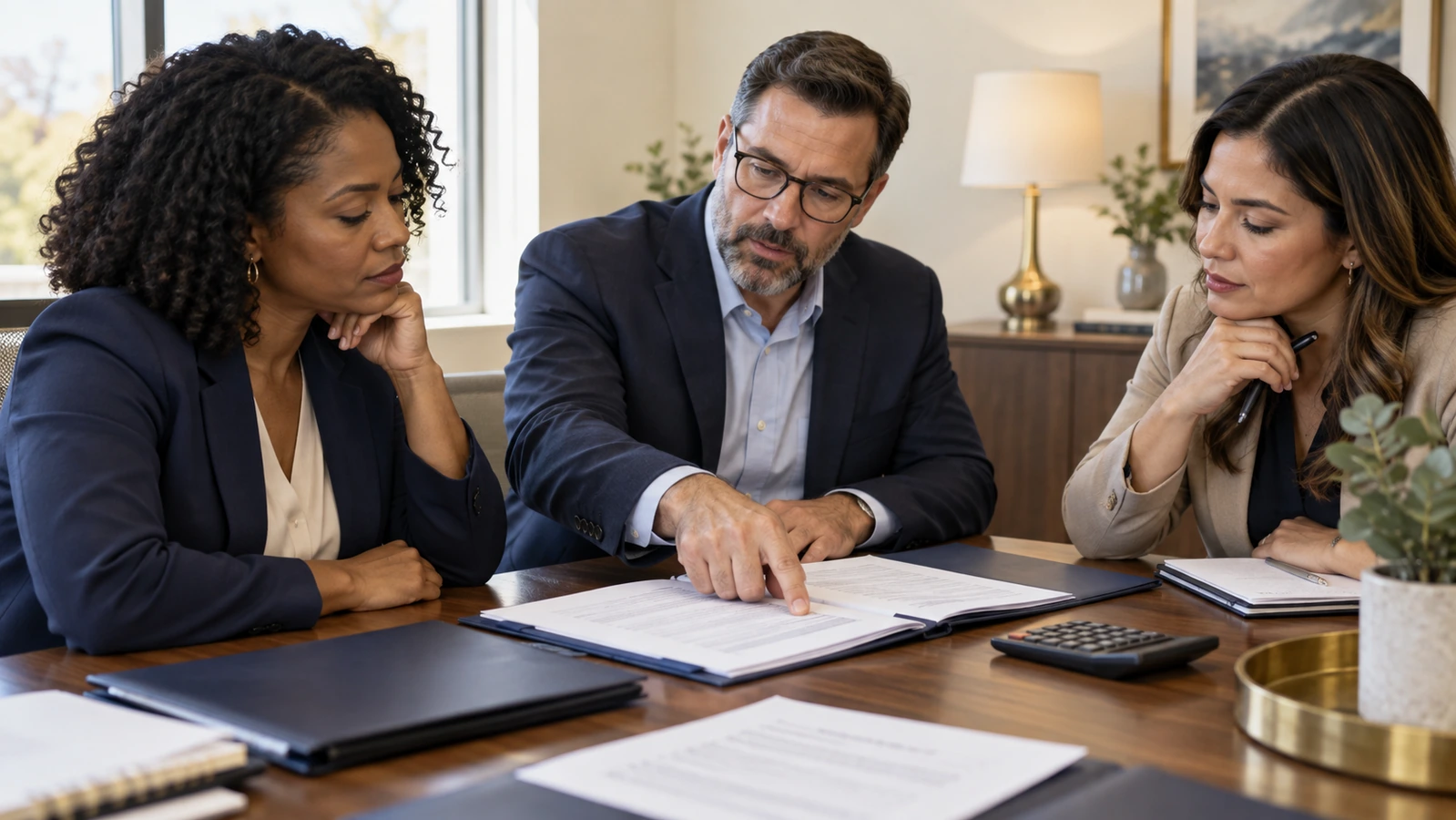 Three practice leaders examine a contract together with folders and a calculator on the table.