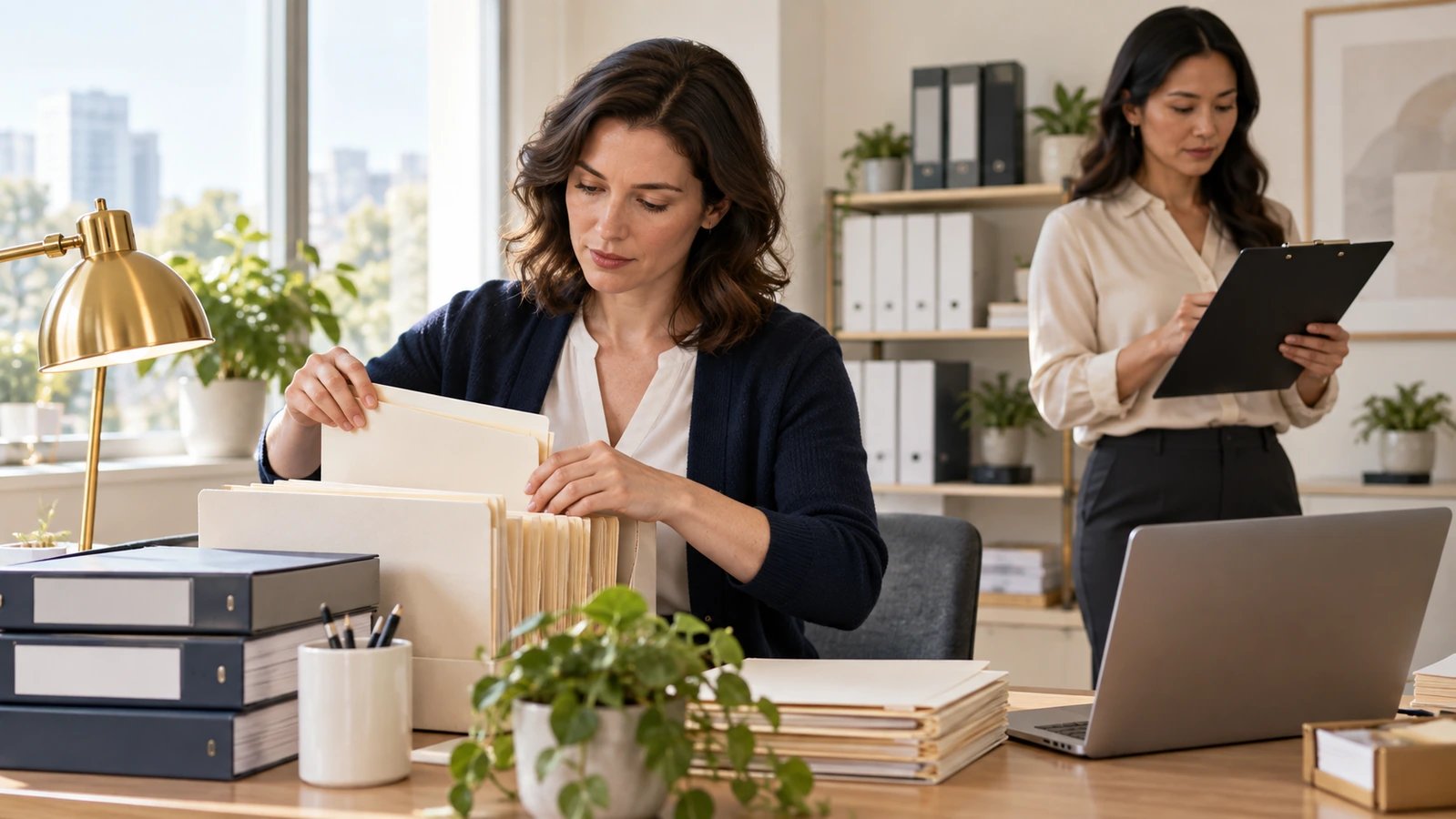 Two staff organize folders, binders and a checklist at a bright office desk.