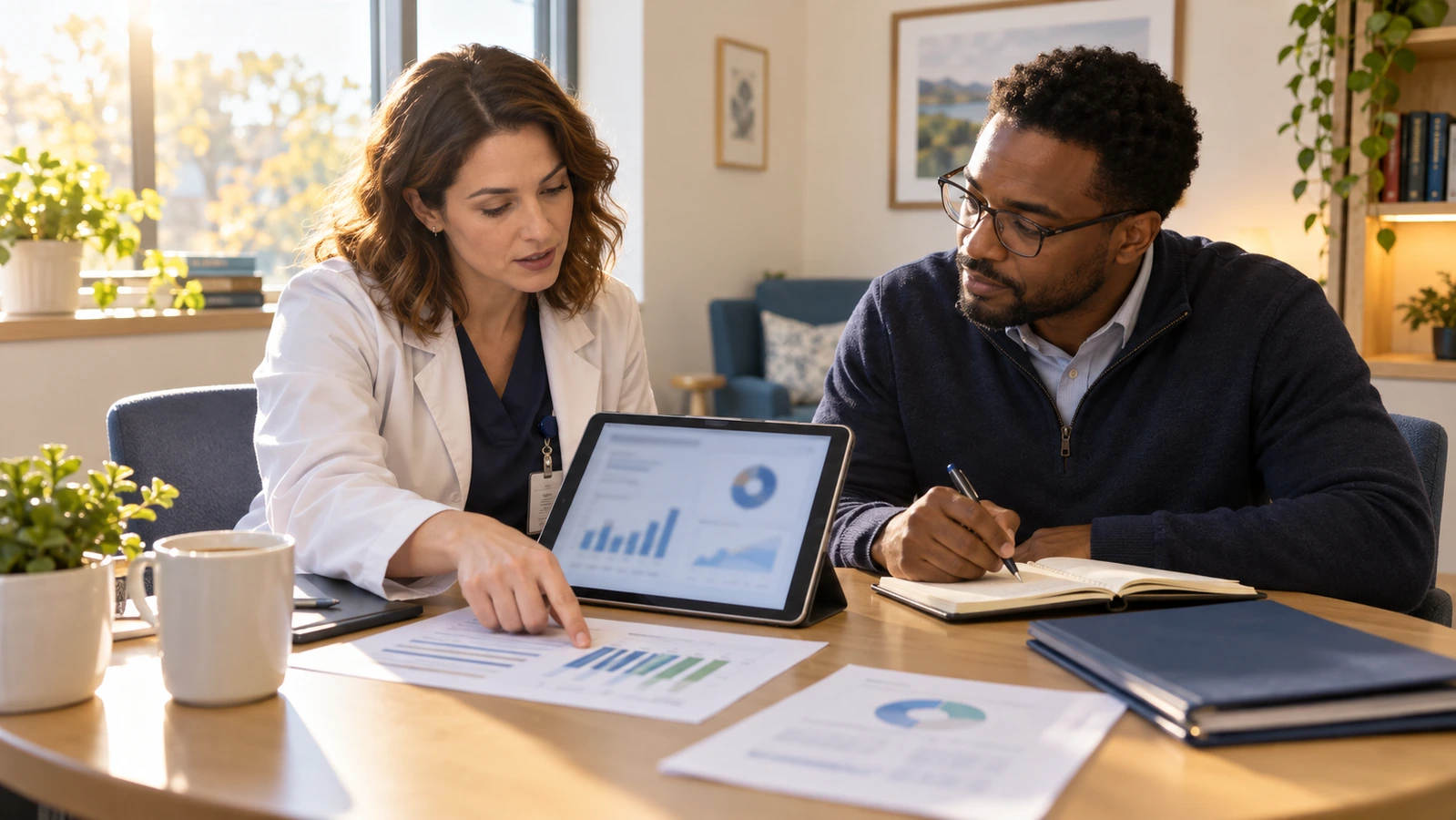 A clinician and operations coordinator review charts together while one writes notes at a meeting table.