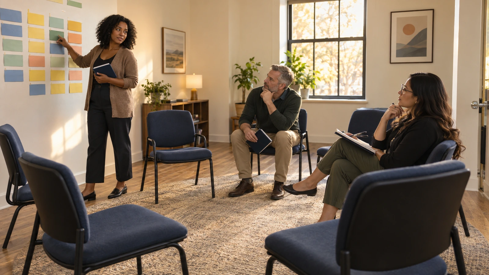 Three clinicians discuss color-coded planning cards in an empty group room with chairs arranged in a circle.
