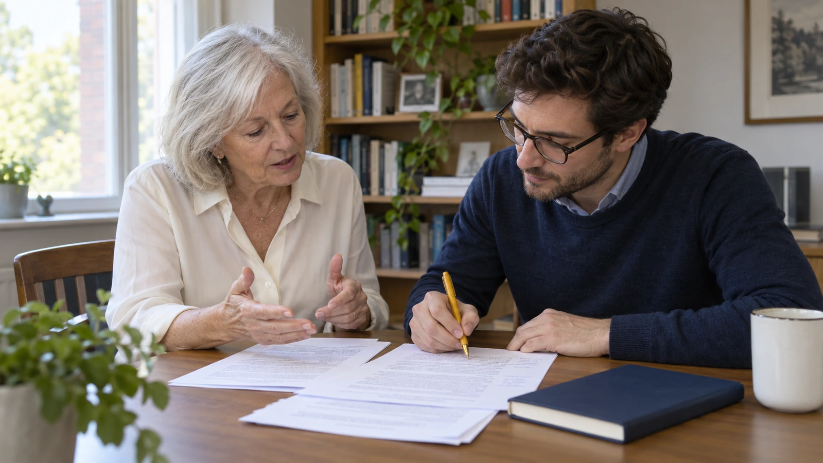 An editor takes notes on a draft while a clinician discusses its content across a table.