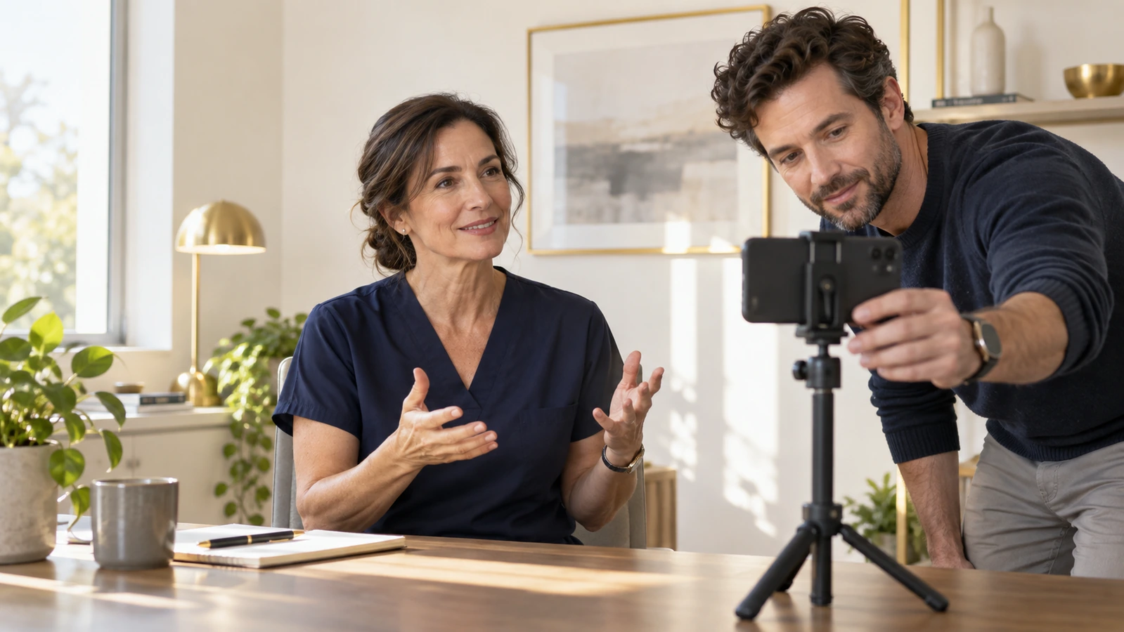A clinician rehearses an explanation while a colleague adjusts a smartphone on a tripod.