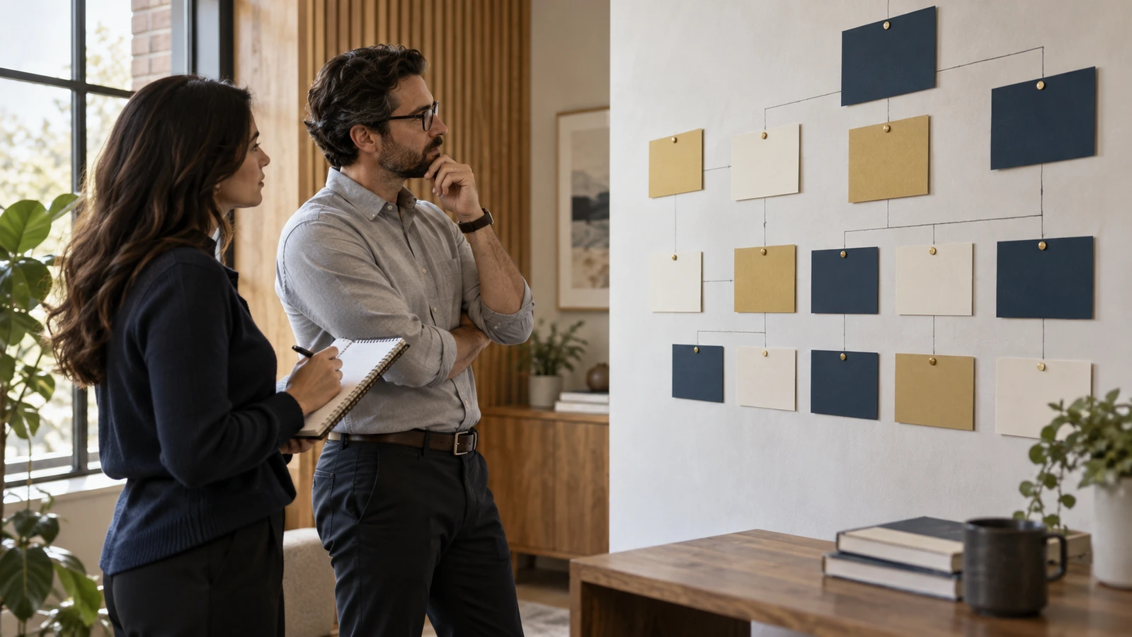 Two professionals consider a wall arrangement of blank navy, ivory and gold content cards.