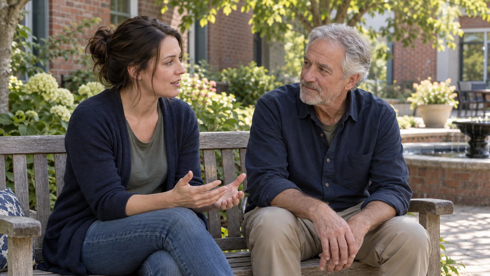 A woman speaks with open hands while an older man listens on a wooden bench in a green community courtyard.