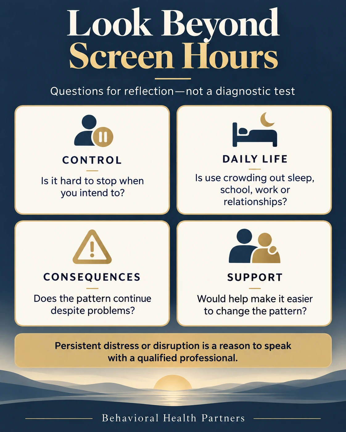 Four reflection questions about control over screen use, effects on daily life, continued problems and seeking support.