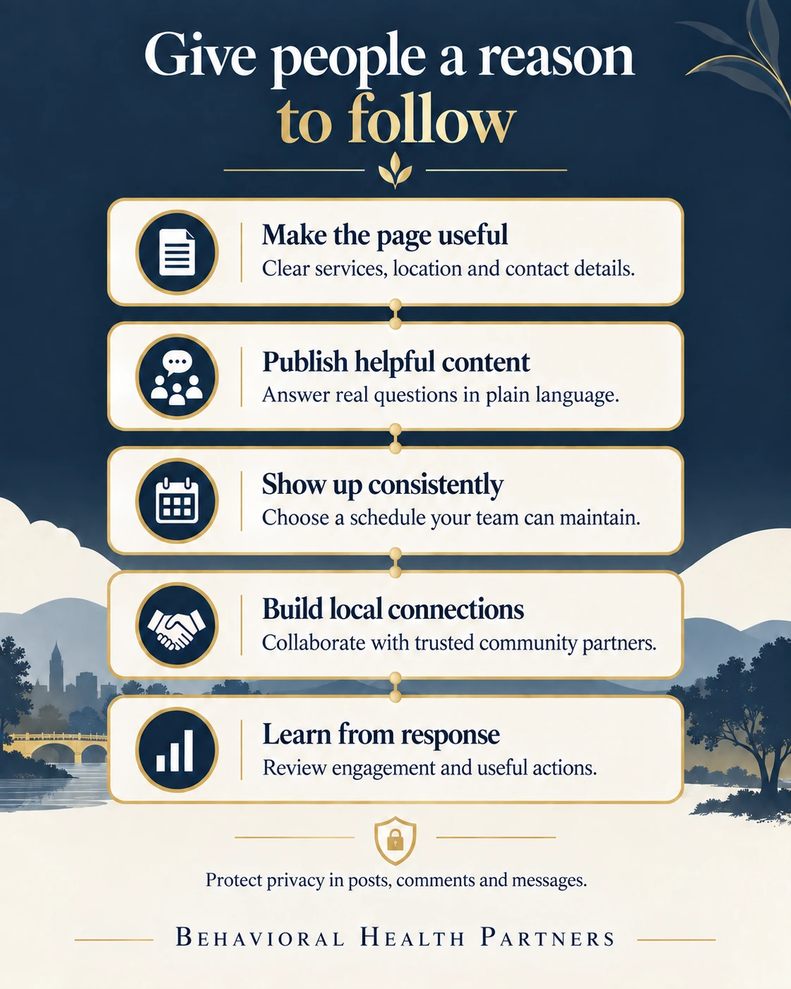 Five ways to earn follows: make the page useful, publish helpful content, show up consistently, build local connections and learn from response.