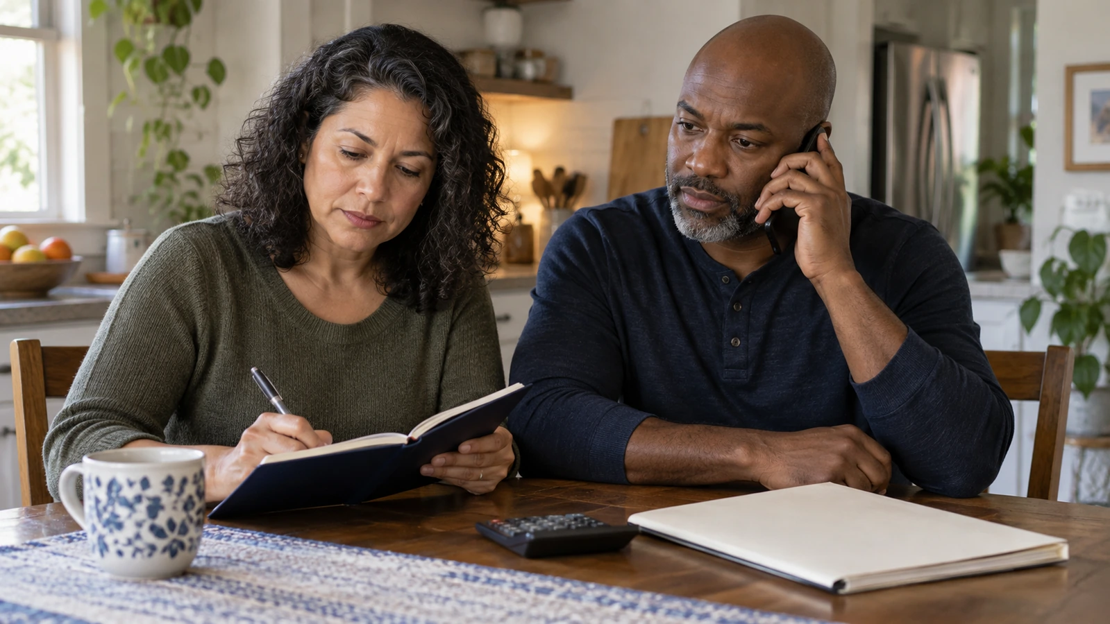 Two adults at a kitchen table make a phone call and write notes beside a folder and calculator.
