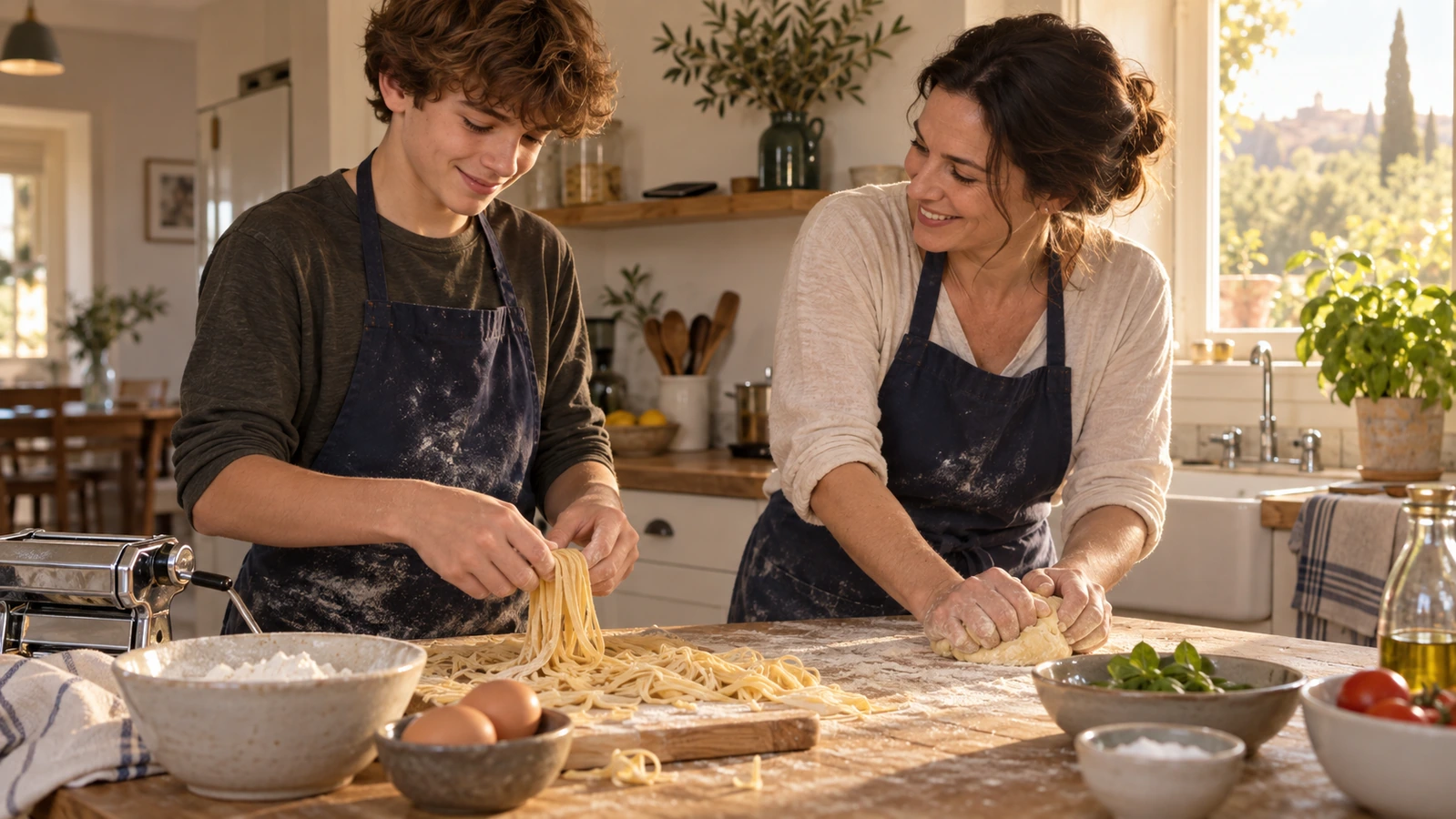 A parent and teenager make pasta together at a kitchen counter while a phone rests on a distant shelf.