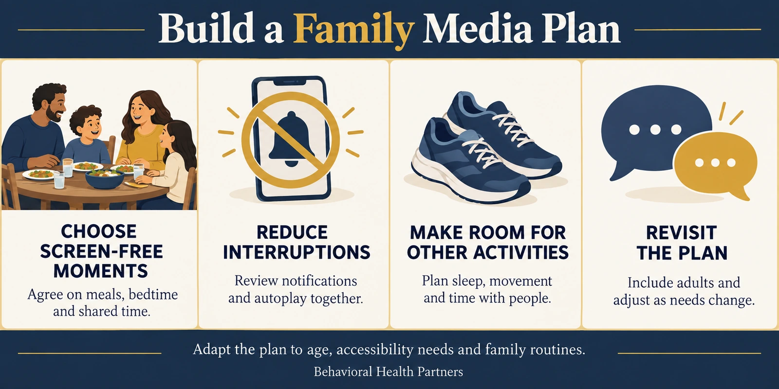Family media plan: choose screen-free moments, reduce interruptions, make room for other activities and revisit the plan together.
