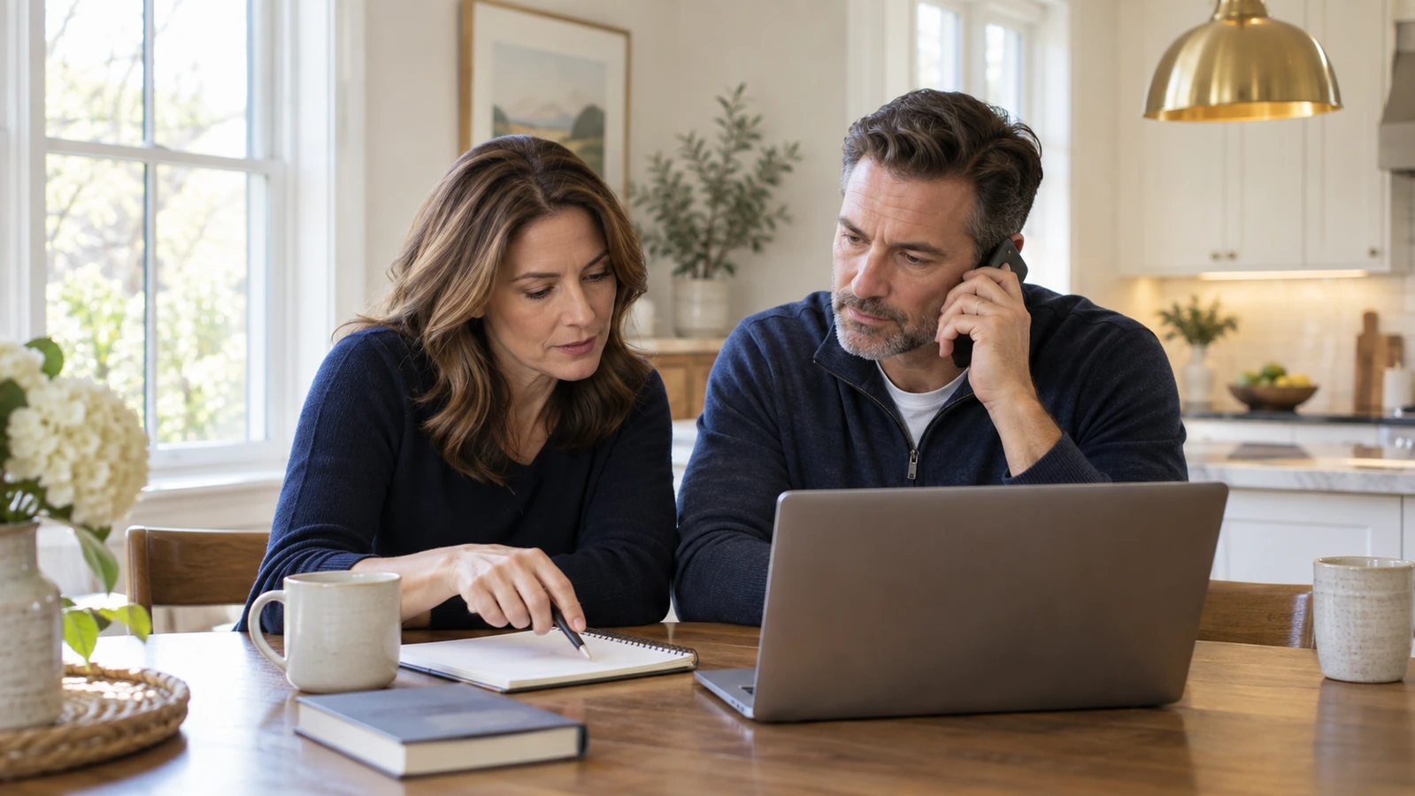 Two adults review a laptop and notebook at a kitchen table while one speaks on the phone.