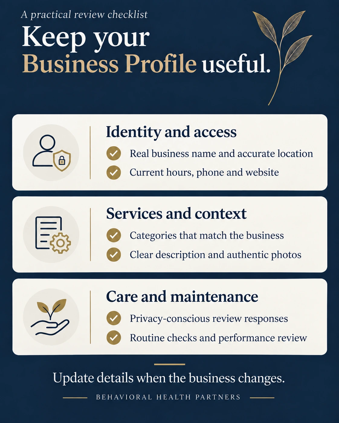 Business Profile checklist covers identity and access, accurate service context, authentic photos, privacy-conscious replies and ongoing maintenance.
