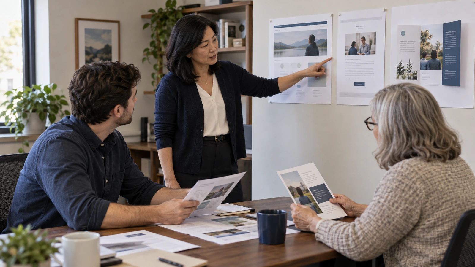 Three colleagues compare printed communications while one points to website, newsletter and brochure mockups pinned on an office wall.