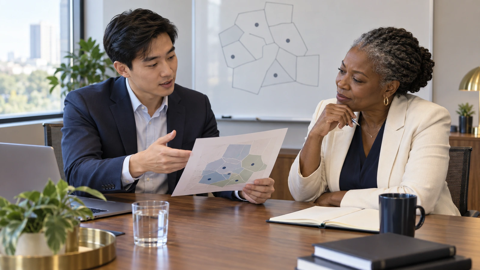 An analyst explains a printed market map to an experienced colleague at a conference table.