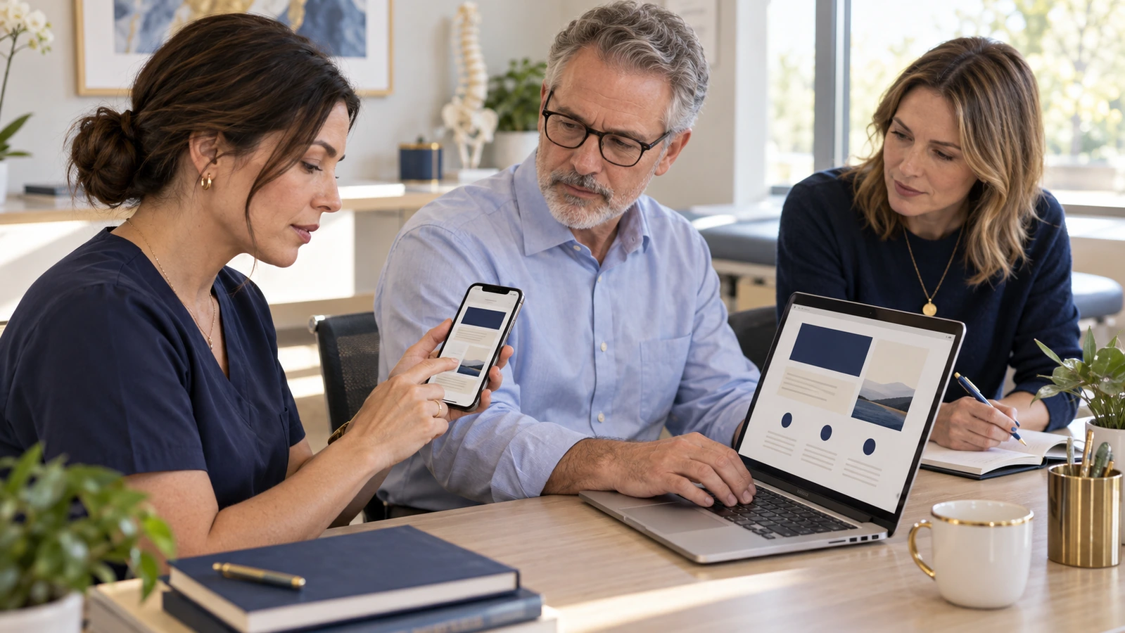 Three colleagues review a website on a smartphone and laptop while taking notes.