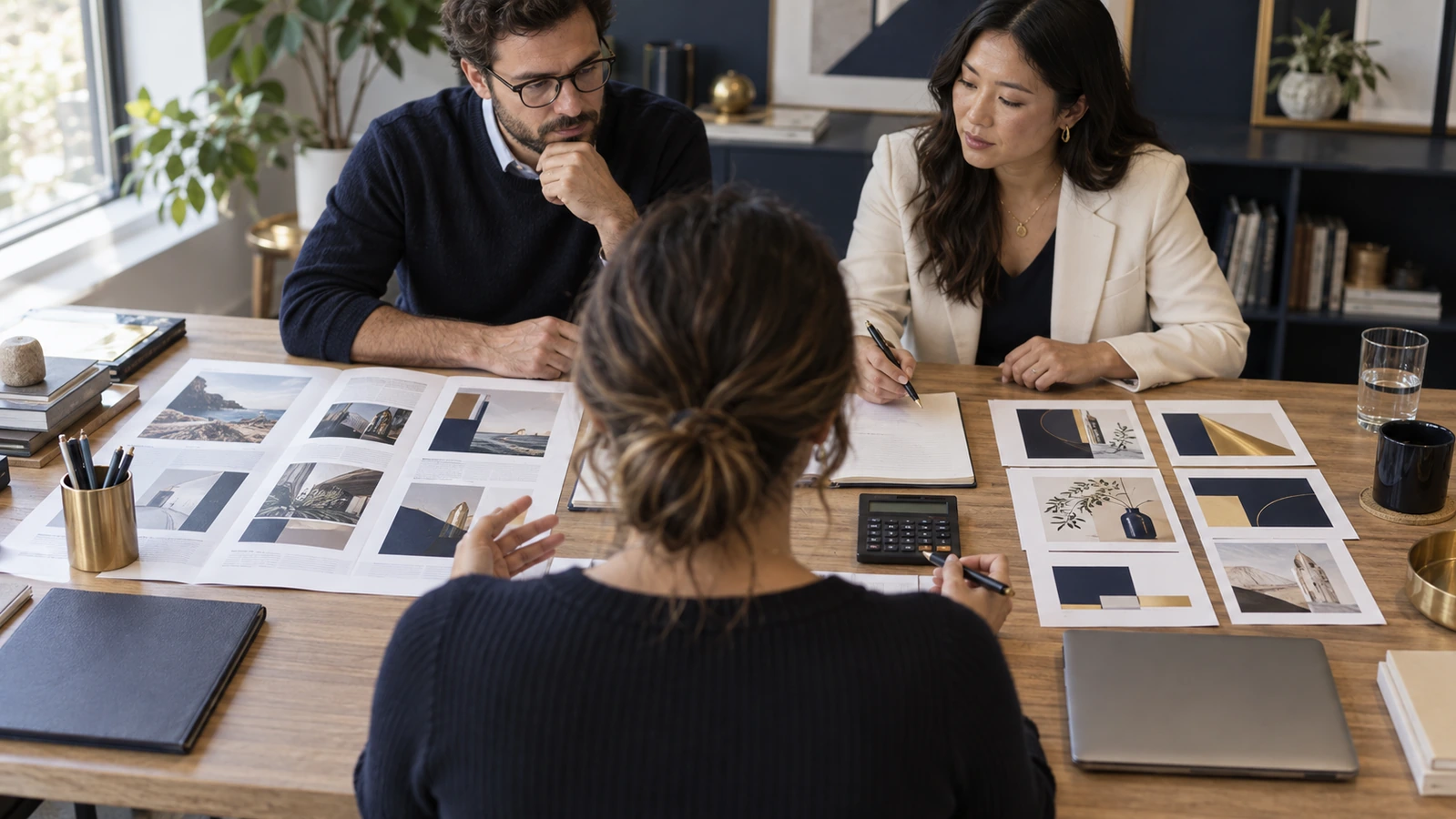 Three marketing colleagues review editorial page layouts and ad-card layouts around a table.