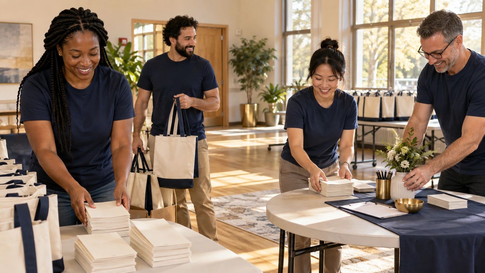 Four volunteers arrange brochures and tote bags for a community resource event in a sunlit room.