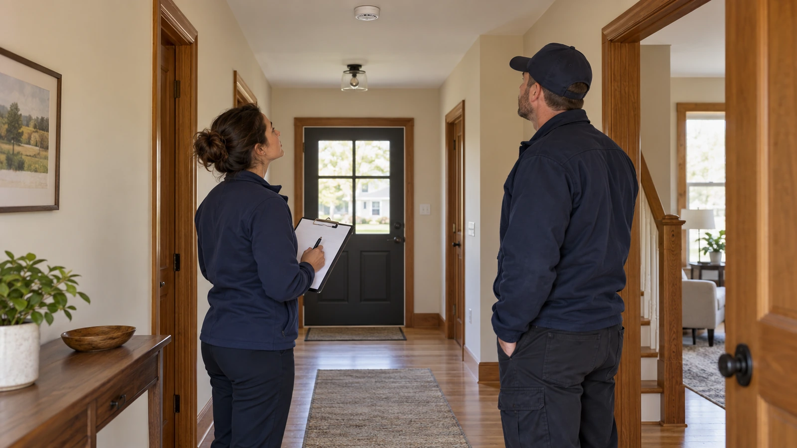 Two professionals inspect an empty home’s hallway, doorway and overhead alarm with a checklist.