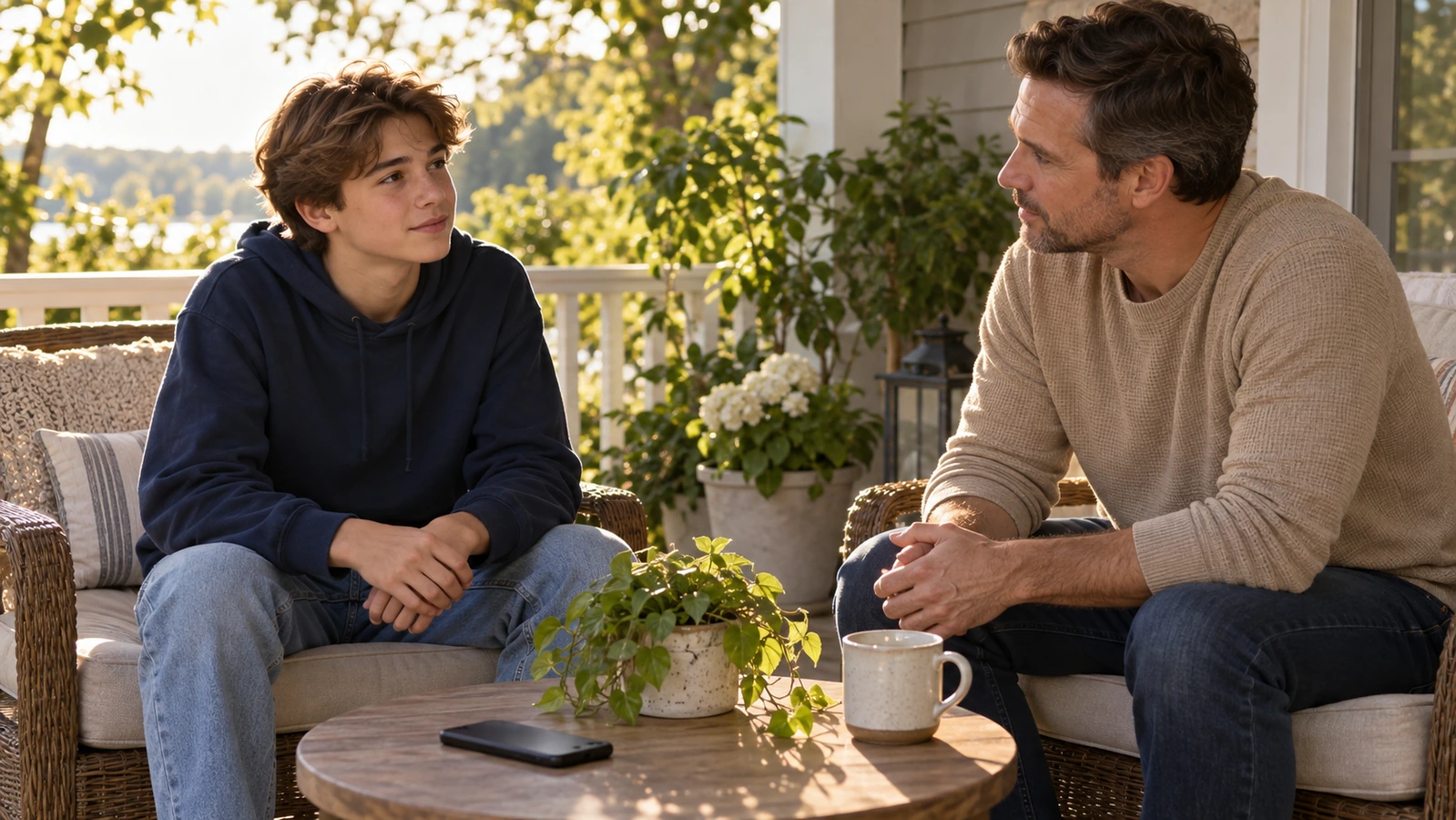 A parent listens to a teenager on a porch with a phone resting face down on the table.
