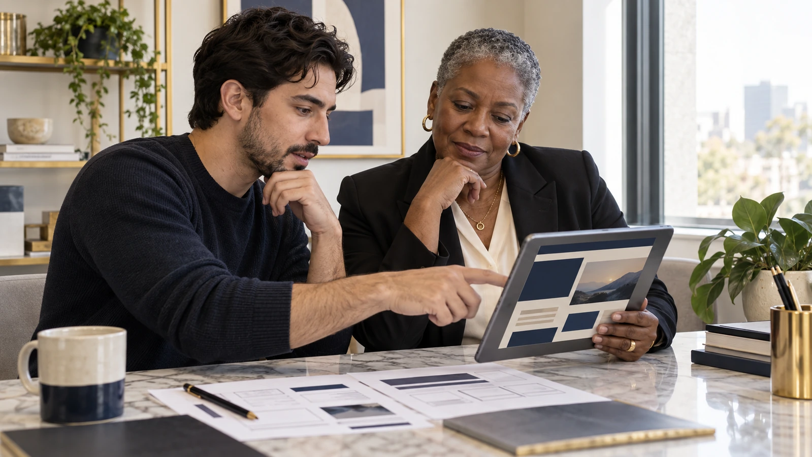 A program director and designer discuss a tablet page layout with printed wireframes nearby.