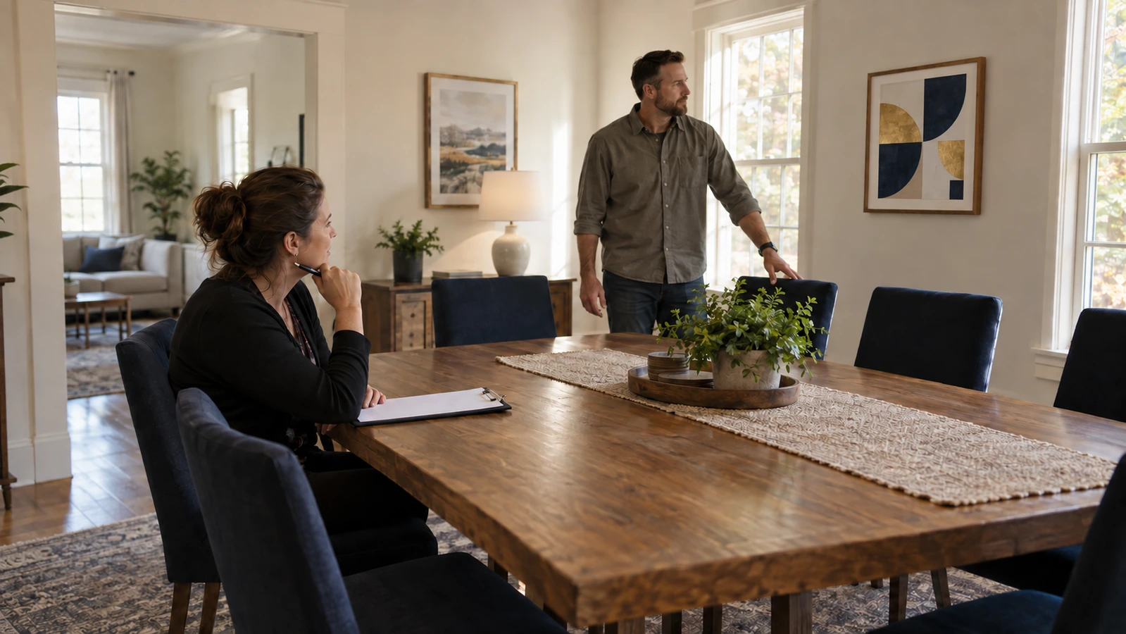 Two operators review an empty home’s shared dining area with a clipboard and a large communal table.