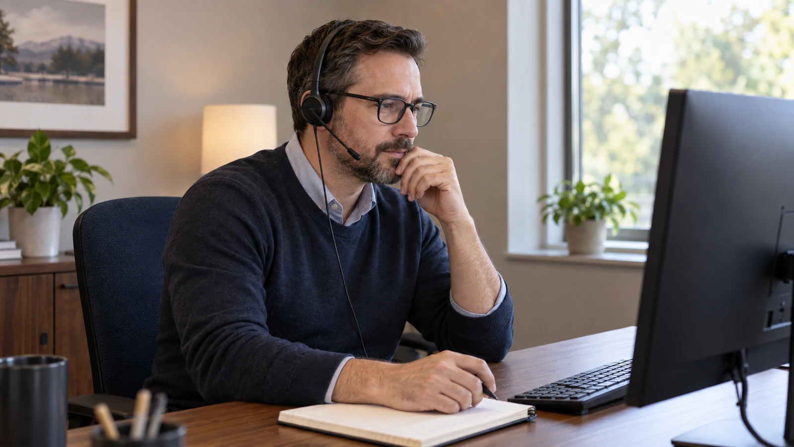 A man wearing a headset listens at a desk with a notebook and computer monitor, with the screen facing away from view.