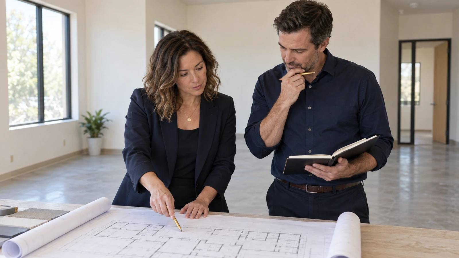 A founder and architect review floorplans and a notebook inside an unfurnished office space.