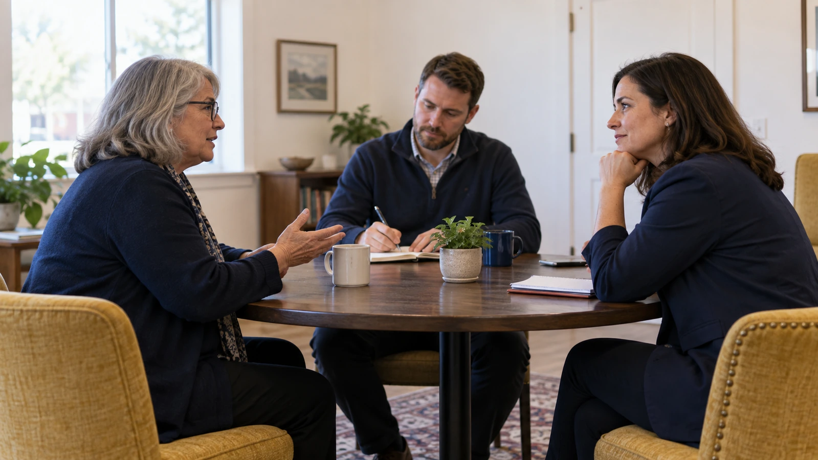 Three professionals listen and take notes during a discussion around a round table.