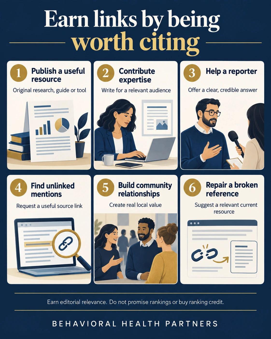 Six approaches: publish resources, contribute expertise, help reporters, find unlinked mentions, build community relationships and repair broken references.