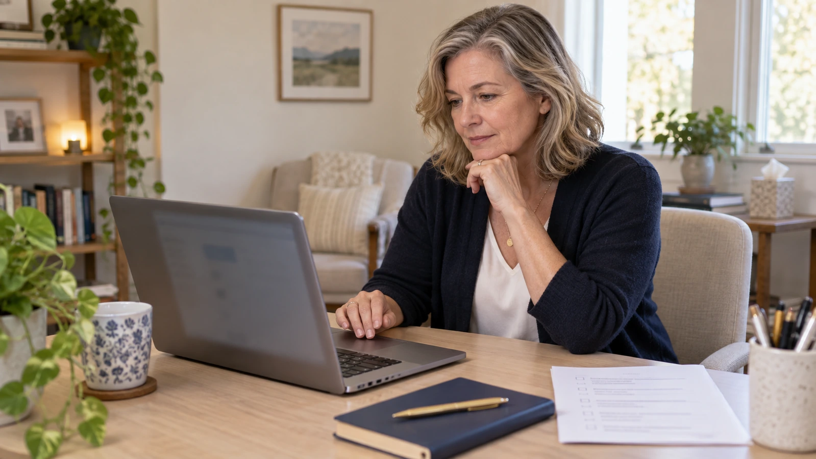 A therapist reviews a laptop demonstration with a printed checklist and navy notebook at her office desk.