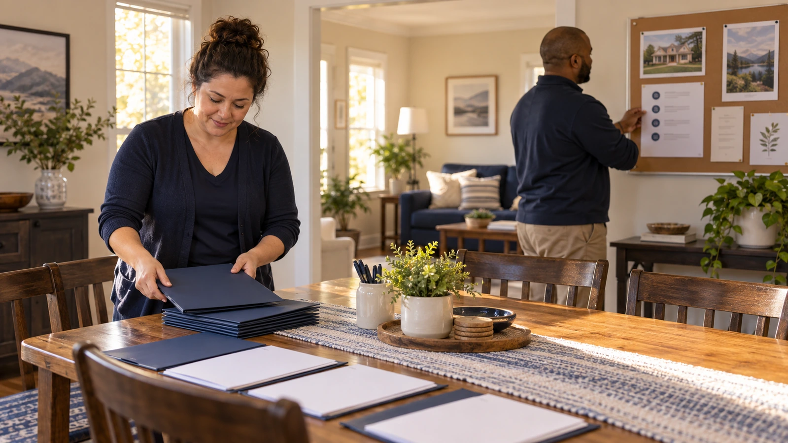 Two housing staff prepare orientation folders and an information board in a welcoming shared dining room.