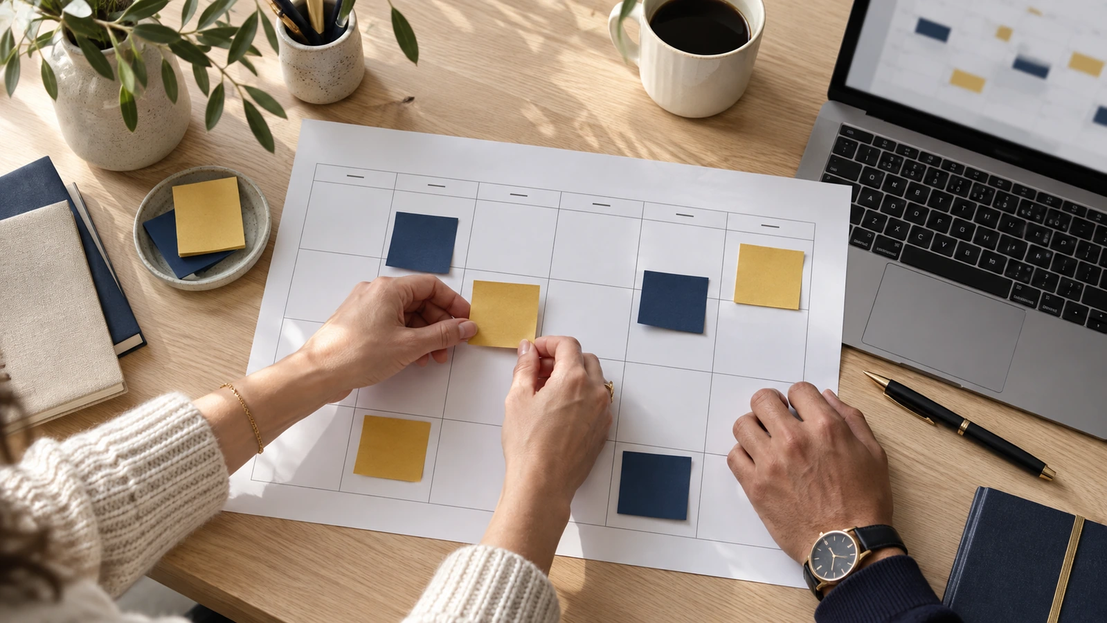 Colleagues arrange navy and gold notes on a paper calendar beside a laptop and notebook.
