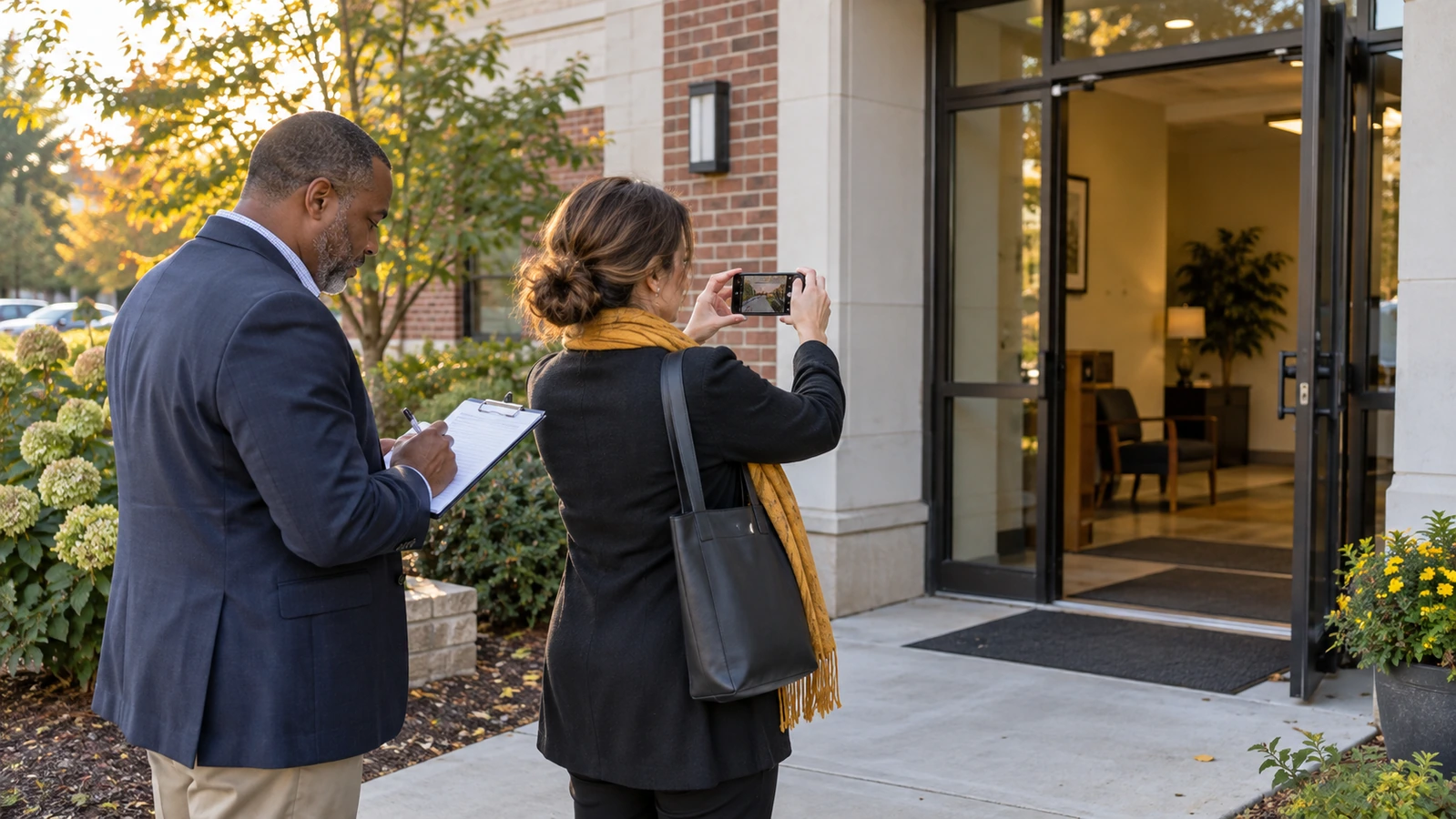 Two staff check notes and photograph an office entrance in afternoon light.