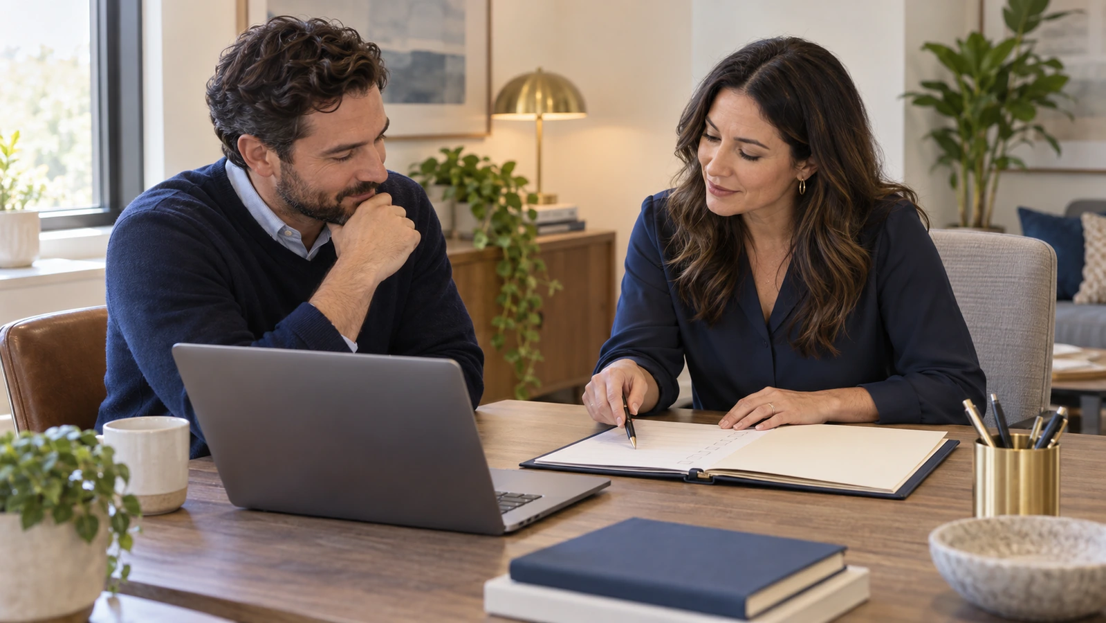 Two communications staff review a checklist beside a laptop in a warmly lit office.