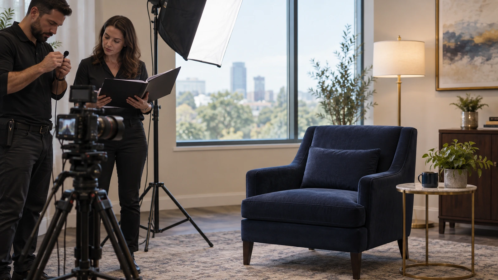 Two production staff prepare a microphone and planning folder beside an empty interview chair and camera.