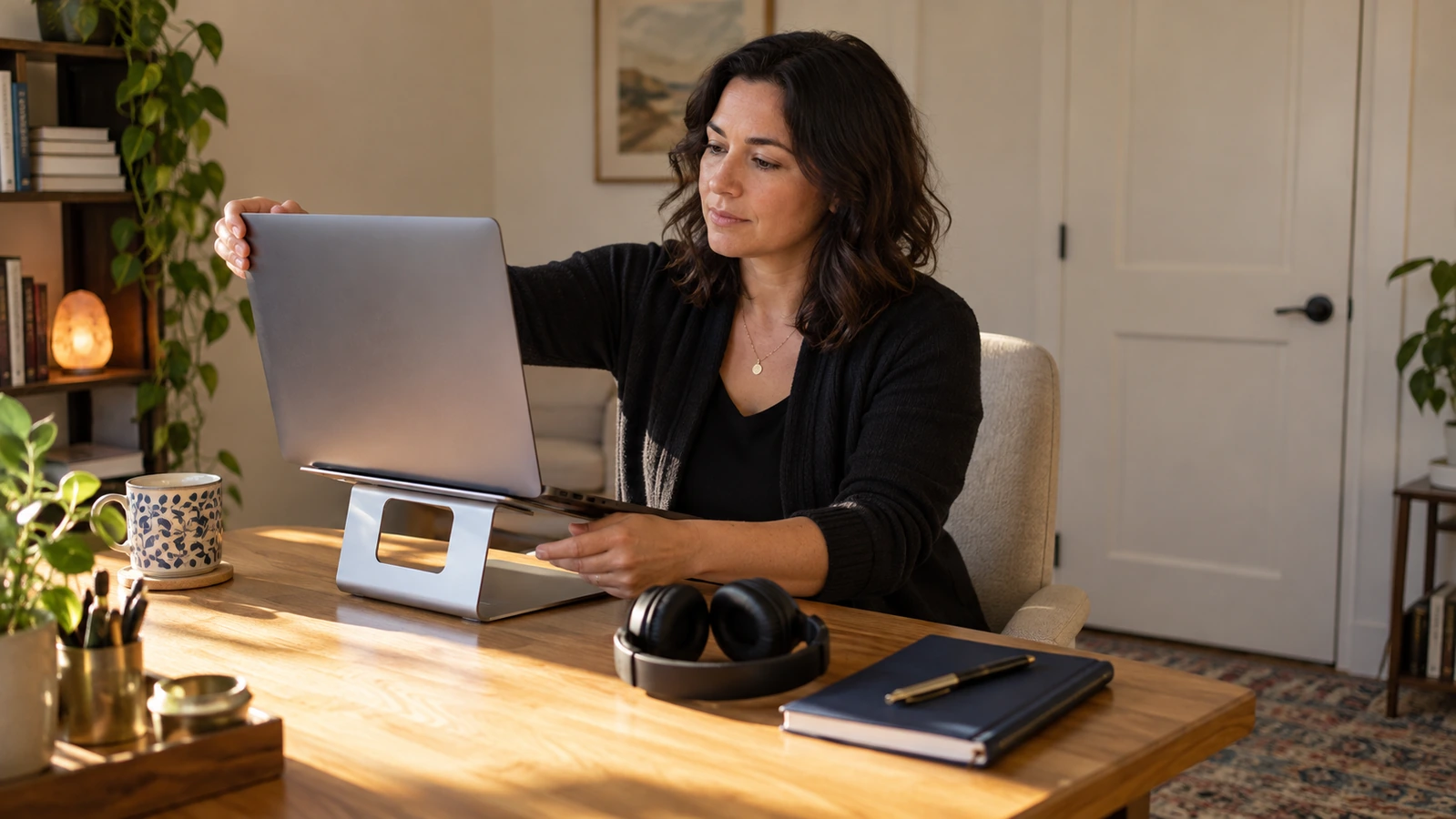 A therapist adjusts a laptop on a stand in a private room with headphones and a notebook nearby.