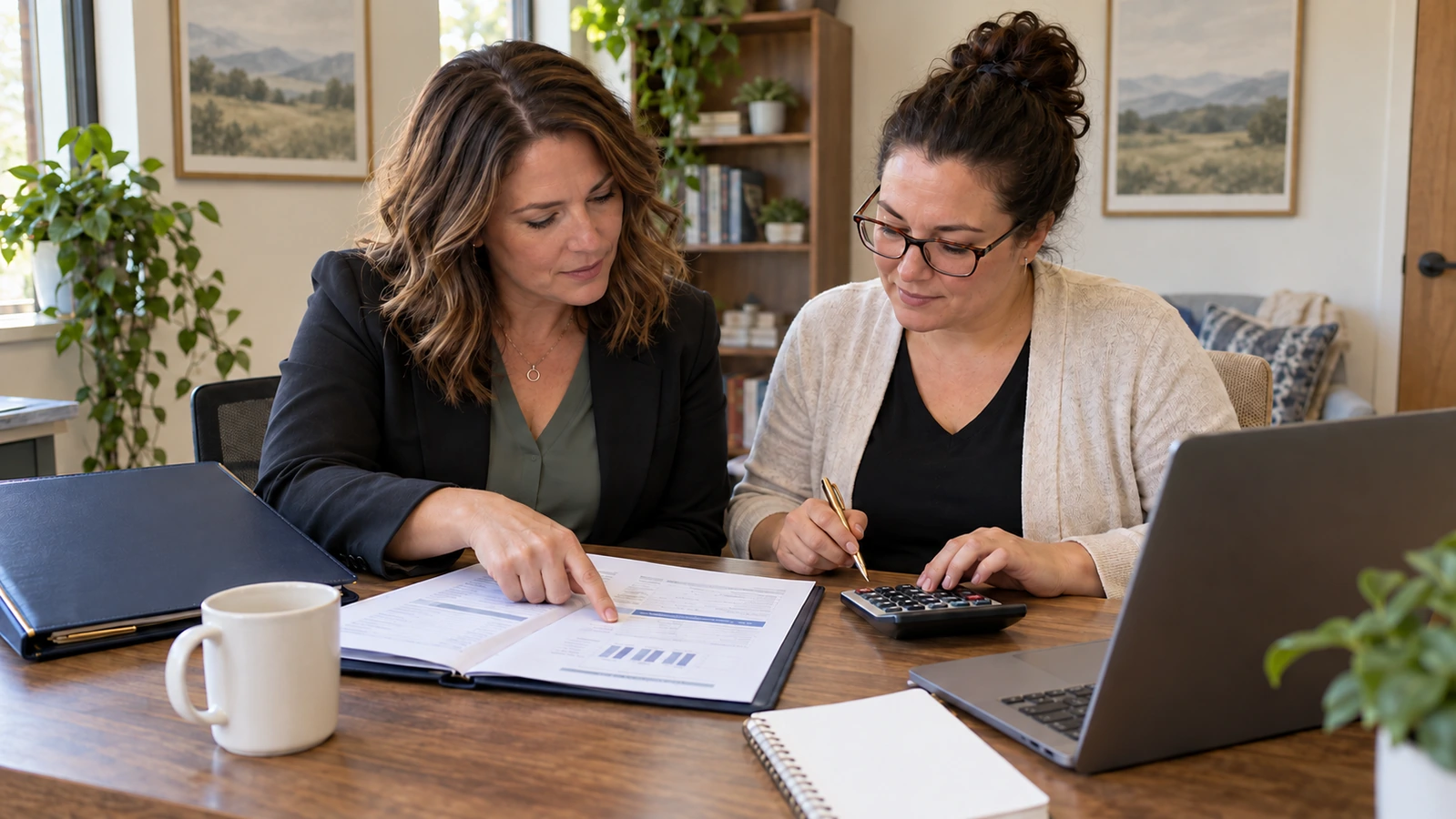 Two colleagues review a financial report with a calculator and laptop at an office table.