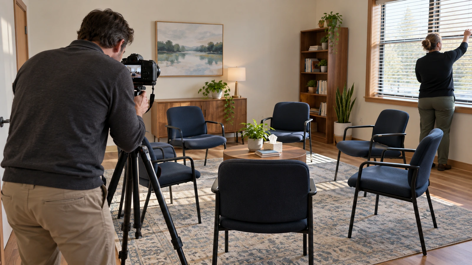 A photographer sets up a tripod camera in an empty group room while a staff member opens the blinds.