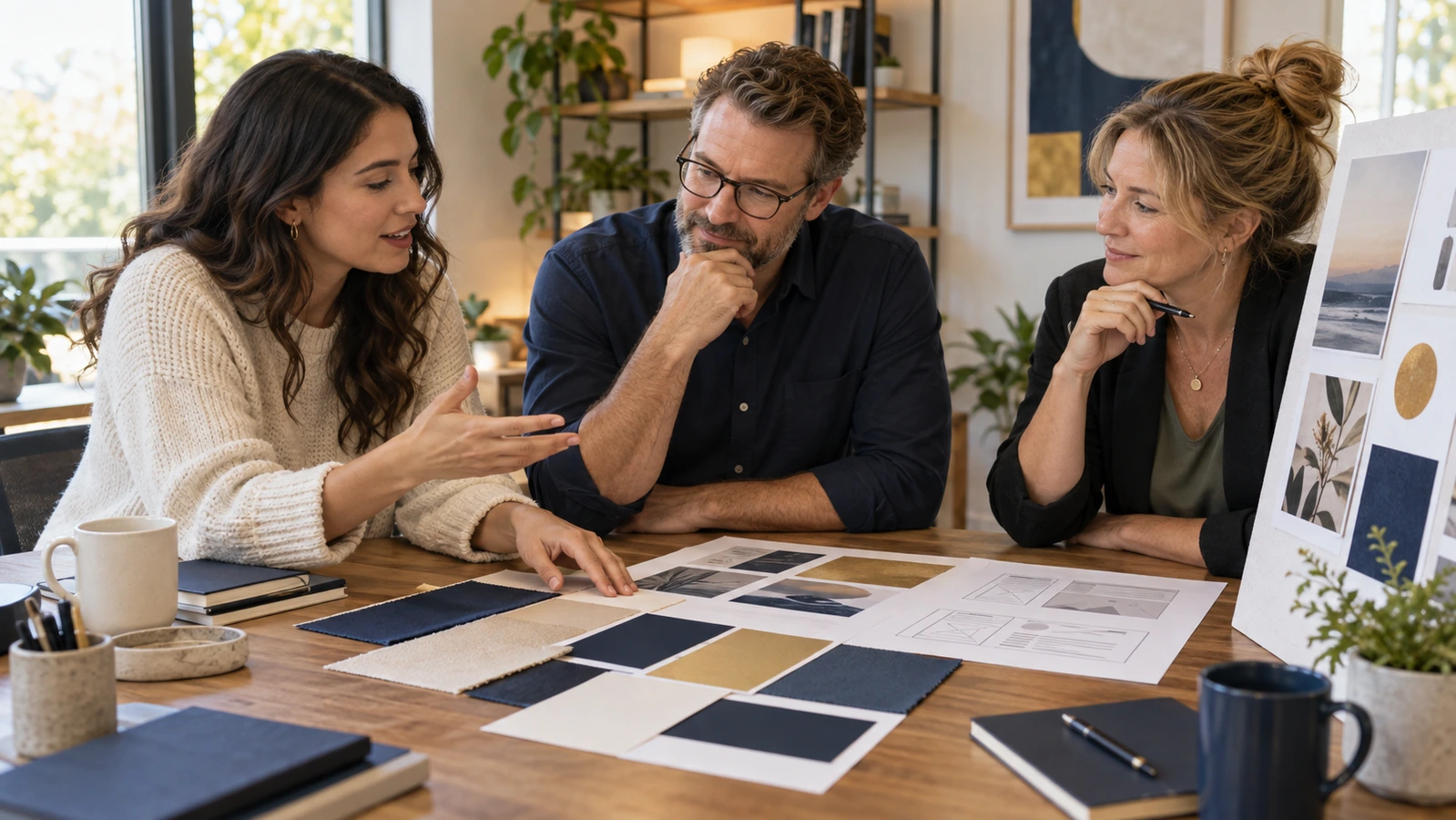 Three colleagues discuss color samples, page layouts and a moodboard around a workshop table.
